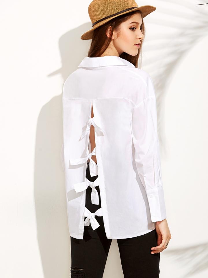 Romwe White Knotted Open Back Blouse