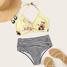 Romwe Random Floral Lace-up Top With Ruched Bikini Set