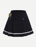 Romwe Blue Embroidery Badge Front Pleated Skirt