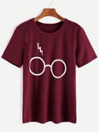 Romwe Burgundy Glasses Print T-shirt
