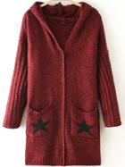 Romwe Hooded Stars Print Pockets Wine Red Coat