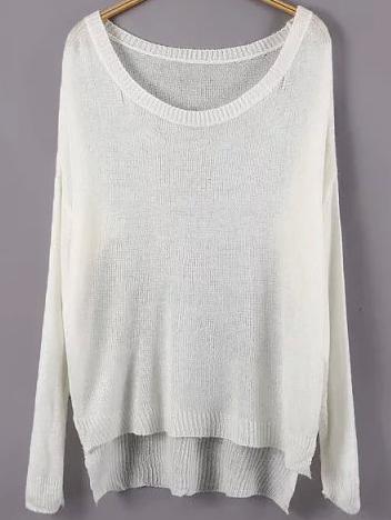 Romwe Dip Hem Slit White Sweater