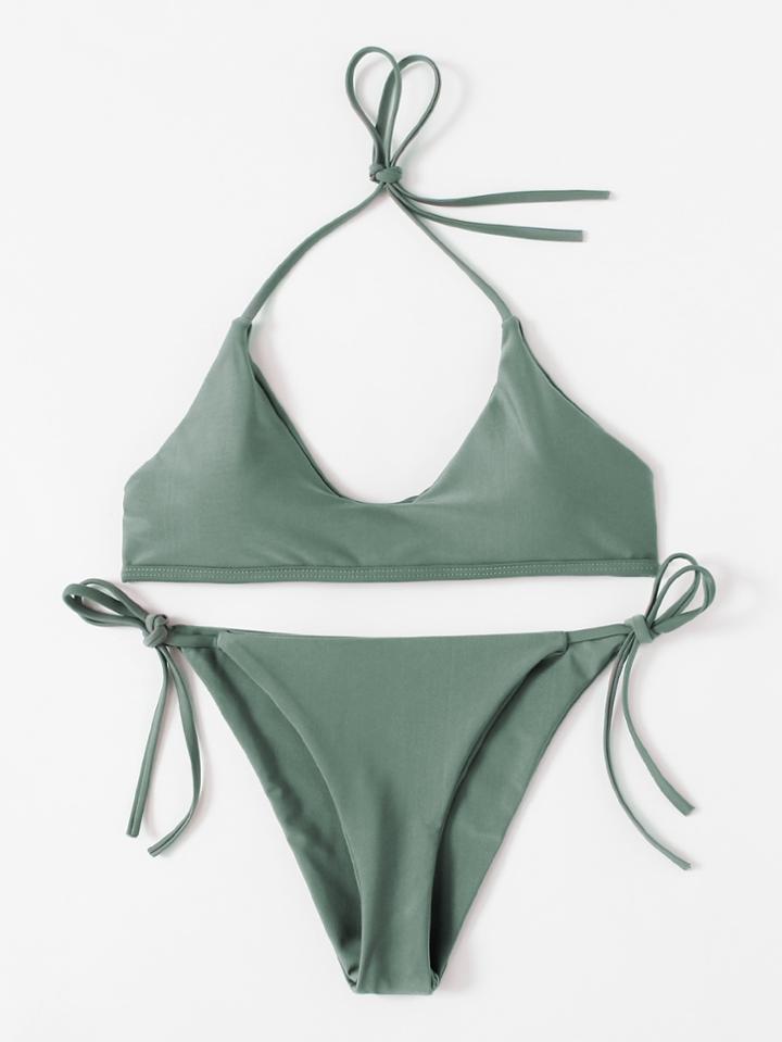 Romwe Self Tie Halter Bikini Set