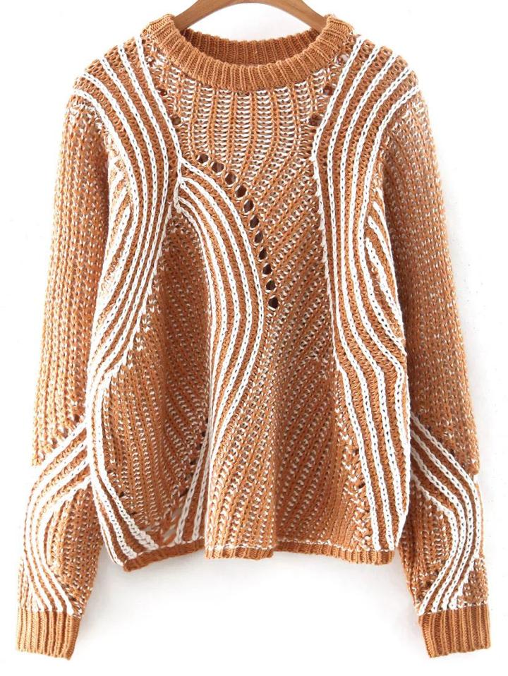 Romwe Khaki Mixed Knit Hollow Out Loose Sweater