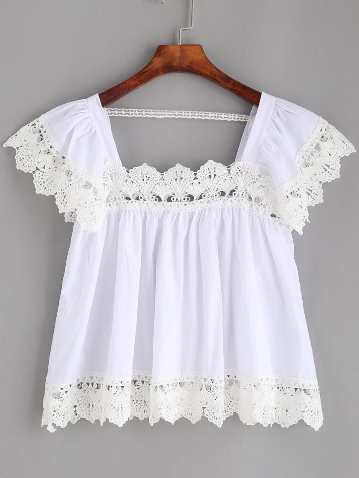 Romwe White Contrast Lace Pleated Top