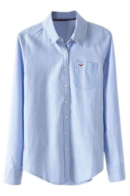 Romwe Romwe Seagull Embroidered Long-sleeves Blue Shirt