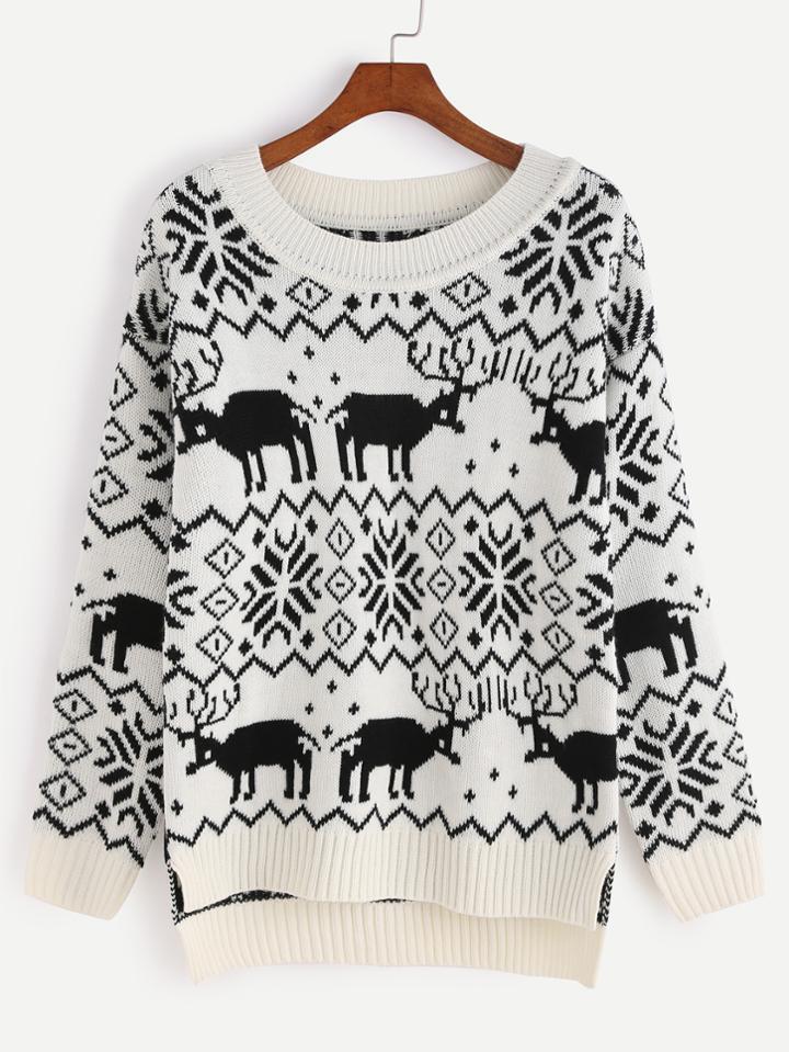 Romwe Black And White High Low Ugly Christmas Sweater