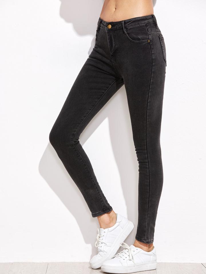 Romwe Dark Grey Pocket Skinny Jeans