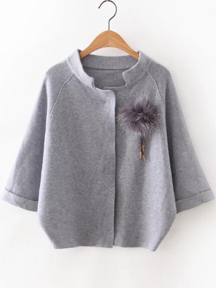 Romwe Grey Raglan Sleeve Sweater Coat With Brooch