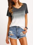 Romwe Grey Ombre V Neck Loose T-shirt