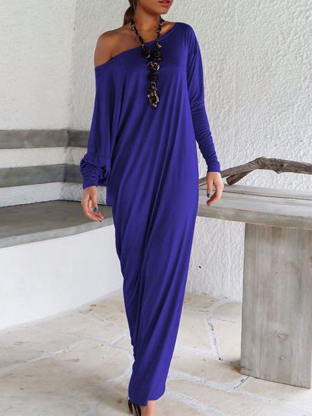 Romwe Oblique Shoulder Long Sleeve Shift Blue Dress