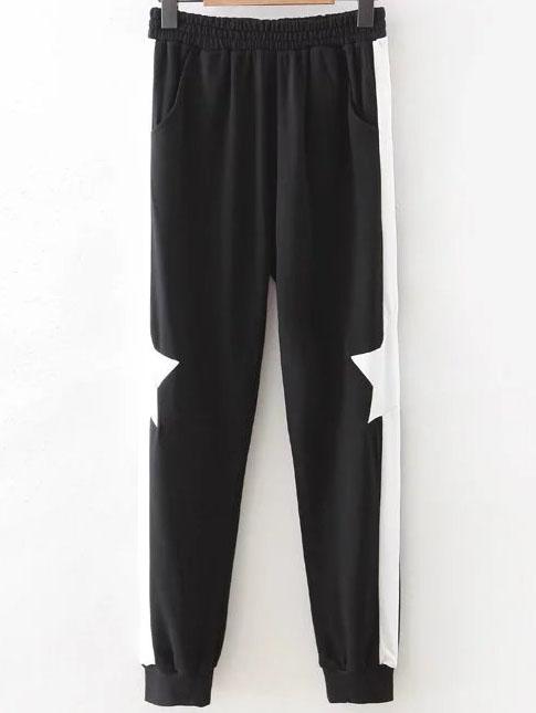 Romwe Black Color Block Star Embellished Pants With Pockets