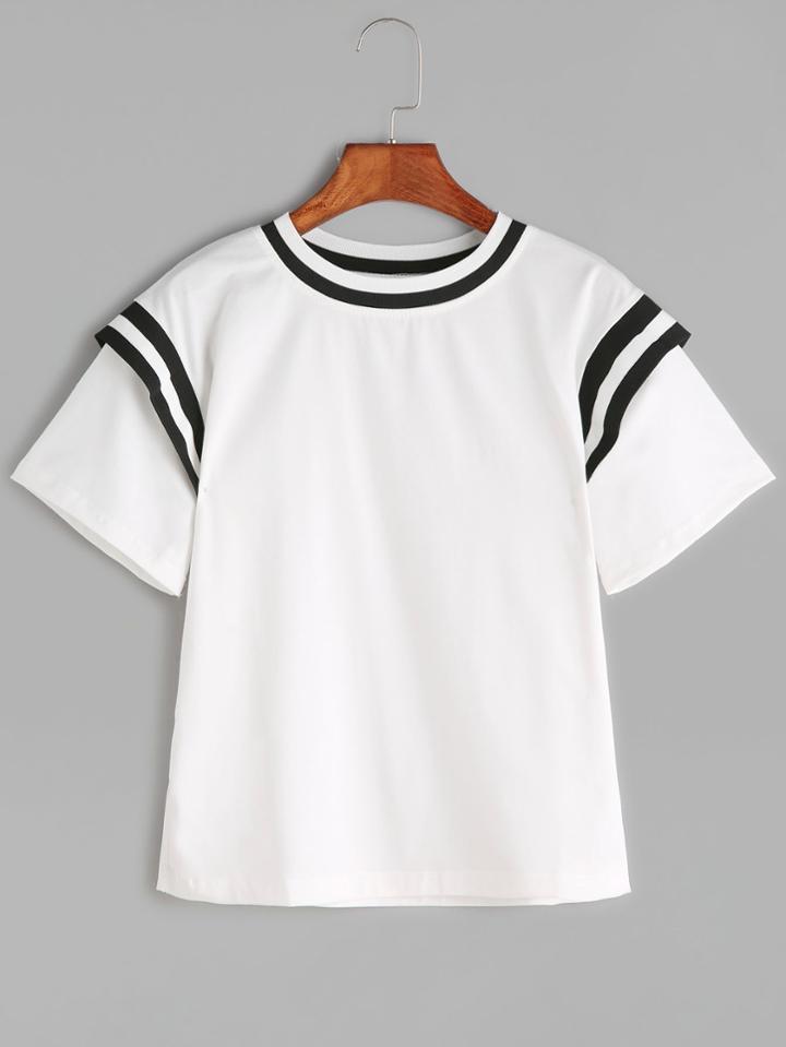 Romwe White Contrast Striped Trim T-shirt
