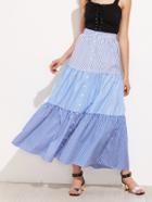 Romwe Mixed Pinstripe Button Up Tiered Skirt