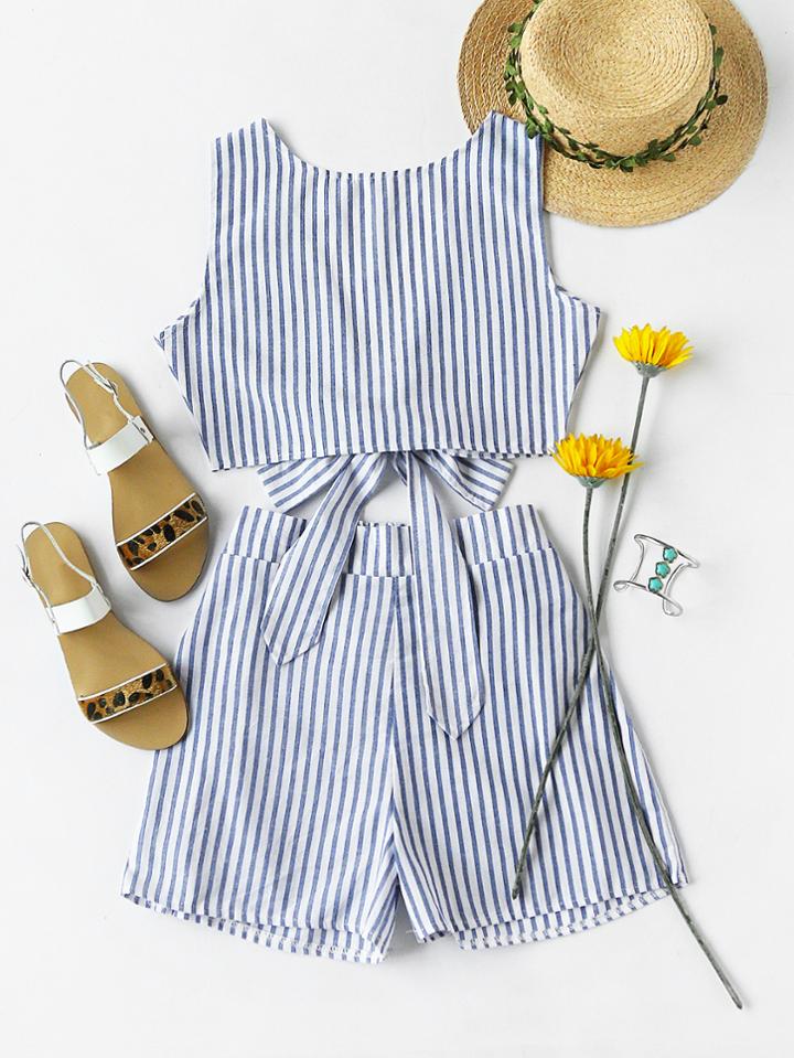 Romwe Two Way Vertical Striped Bow Tie Crop Top With Shorts