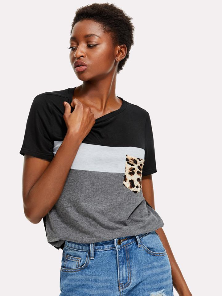 Romwe Cut And Sew Leopard Pocket Patched Top