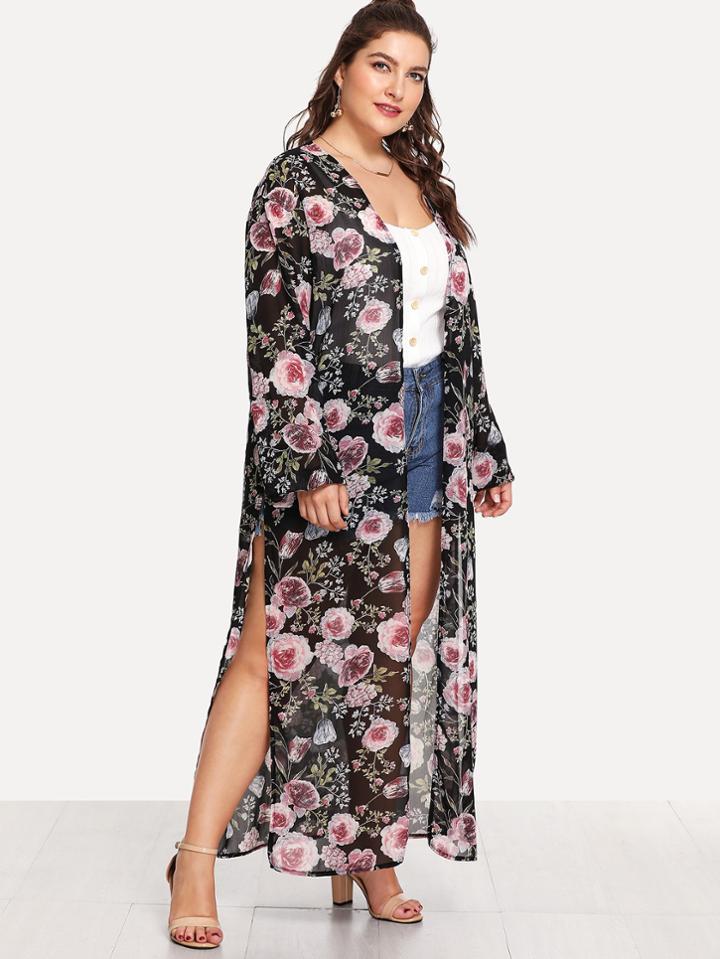 Romwe Floral Print Split Side Open Front Cardigan