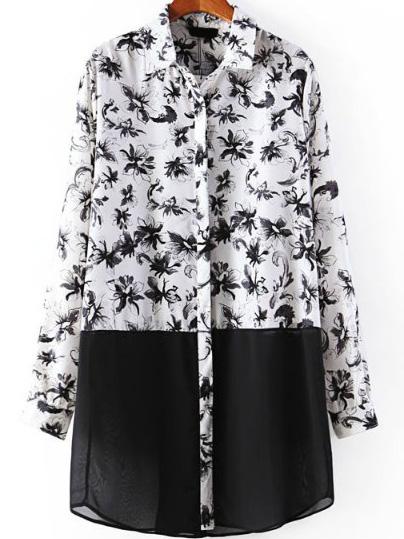 Romwe Lapel Color-block Flower Print Blouse
