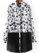 Romwe Lapel Color-block Flower Print Blouse