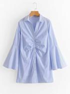 Romwe Ruched Detail Bell Sleeve Striped Shirt Dress