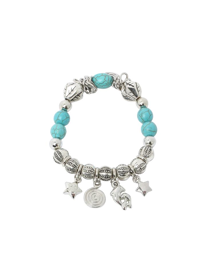 Romwe Turquoise Beads Plated Droped Silver Bracelet