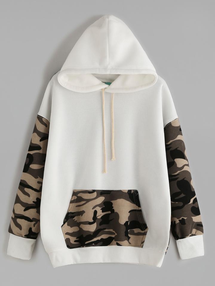 Romwe Beige Contrast Camo Print Drawstring Hooded Pocket Sweatshirt