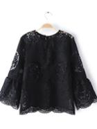 Romwe Black Bell Sleeve Hollow Lace Blouse