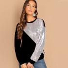Romwe Sequin Patched Cut-and-sew Pullover
