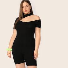 Romwe Plus Asymmetrical Cutout Shoulder Solid Romper