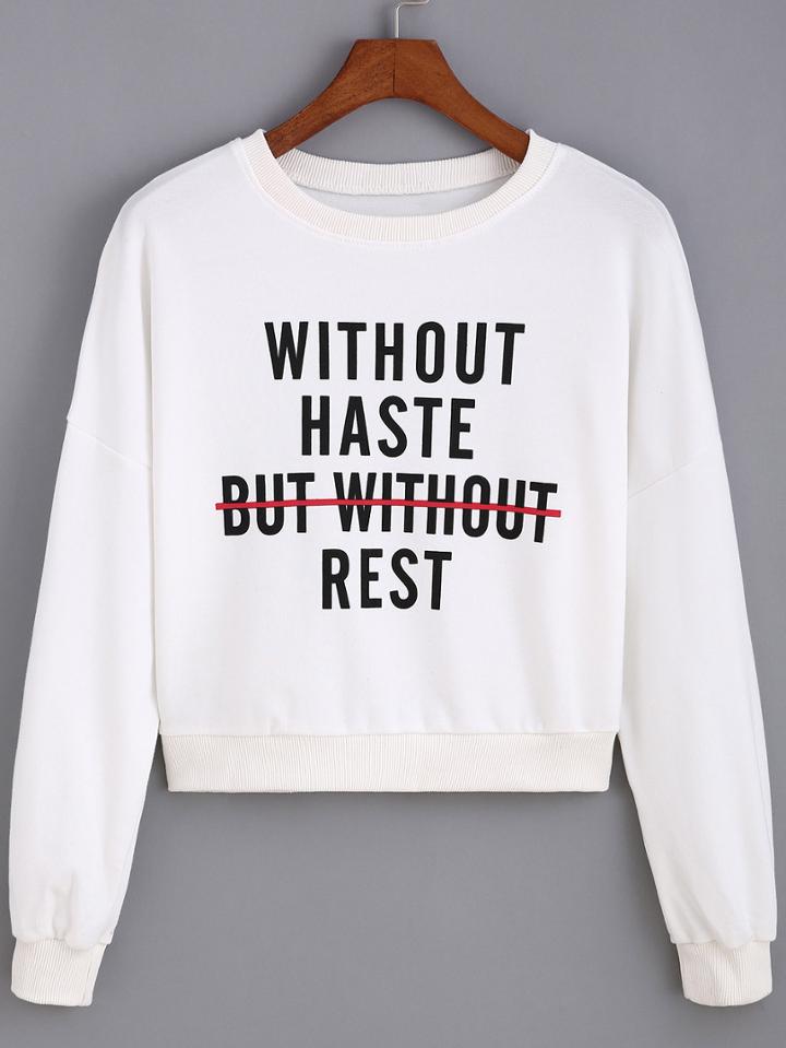 Romwe Letter Print Crop Swearshirt
