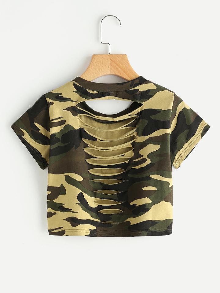 Romwe Camo Print Ladder Cut Out Tee