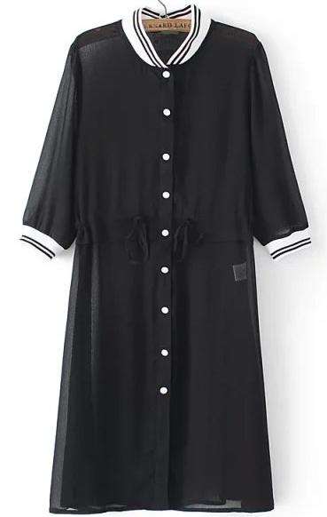 Romwe Contrast Collar With Buttons Chiffon Black Blouse