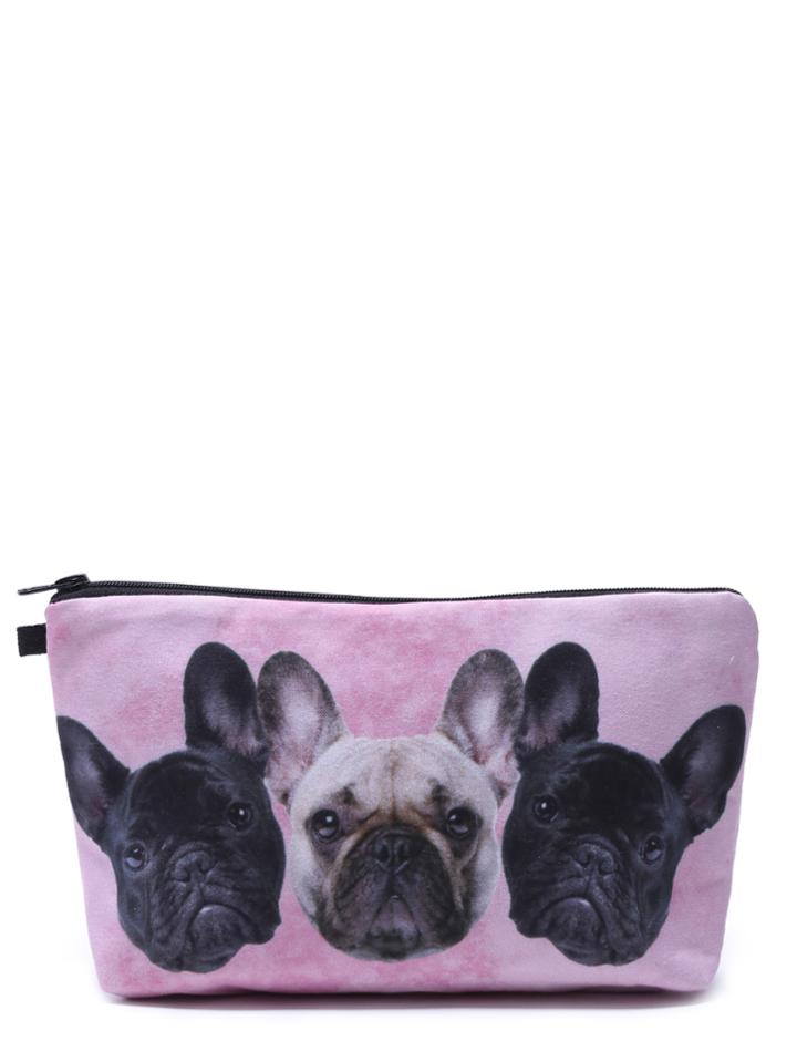 Romwe Pink Puppy Head Print Portable Cosmetic Makeup Bag