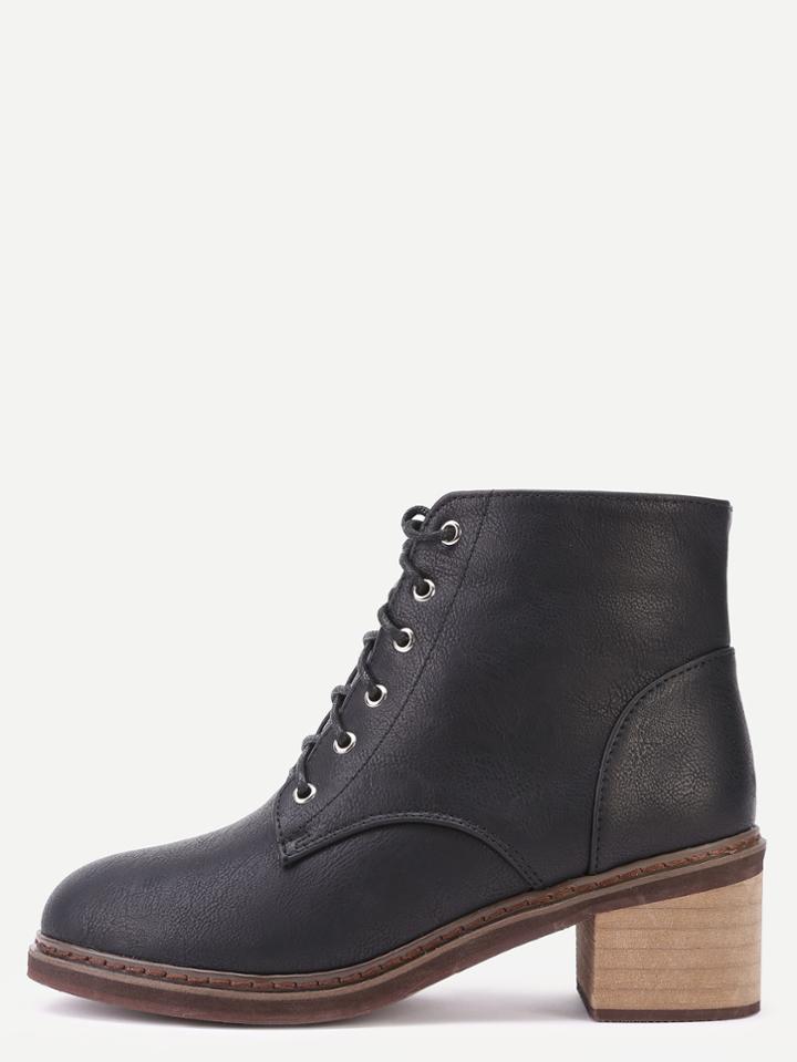 Romwe Black Faux Leather Lace Up Cork Heel Martin Boots