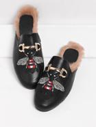 Romwe Bee Embroidery Flat Mules With Faux Fur