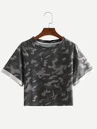 Romwe Black Camouflage Crop T-shirt