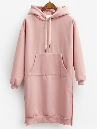 Romwe Hooded Drawstring Split Side Thicken Pink Sweatshirt Dress