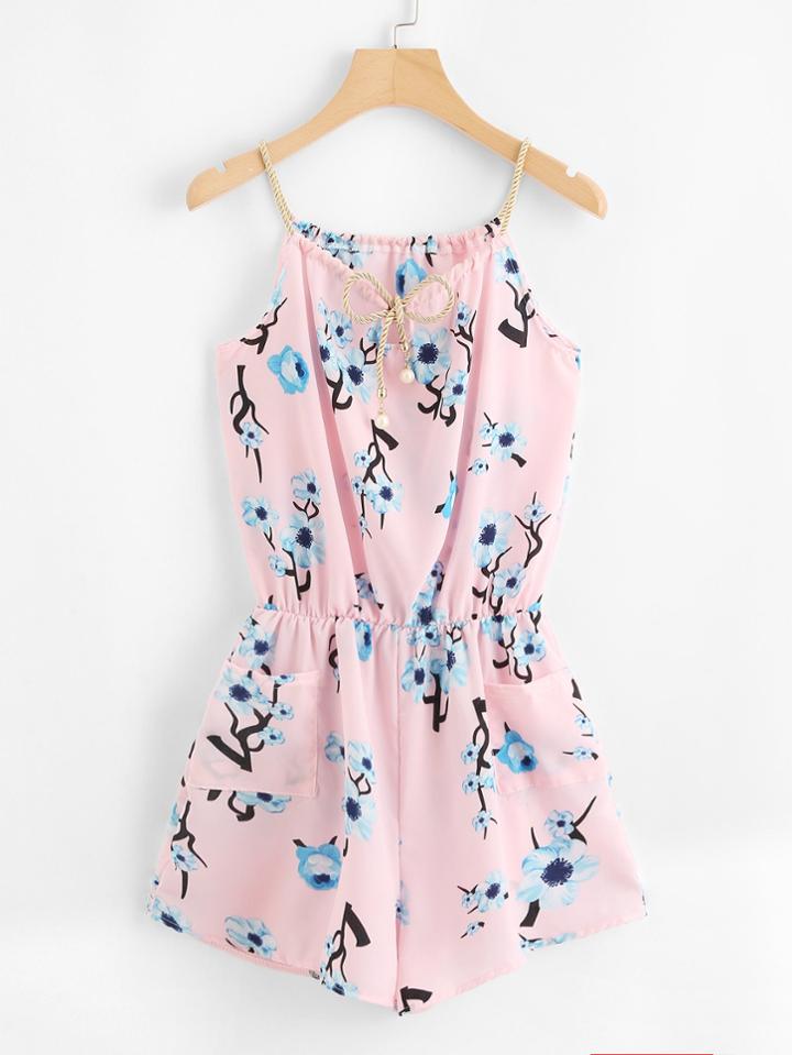Romwe Floral Print Random Dual Pocket Romper