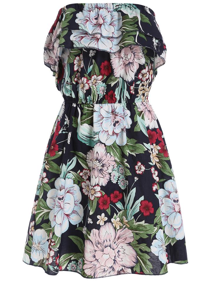 Romwe Bandeau Florals Ruffle Dress