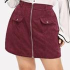 Romwe Plus Zip-up Corduroy Skirt