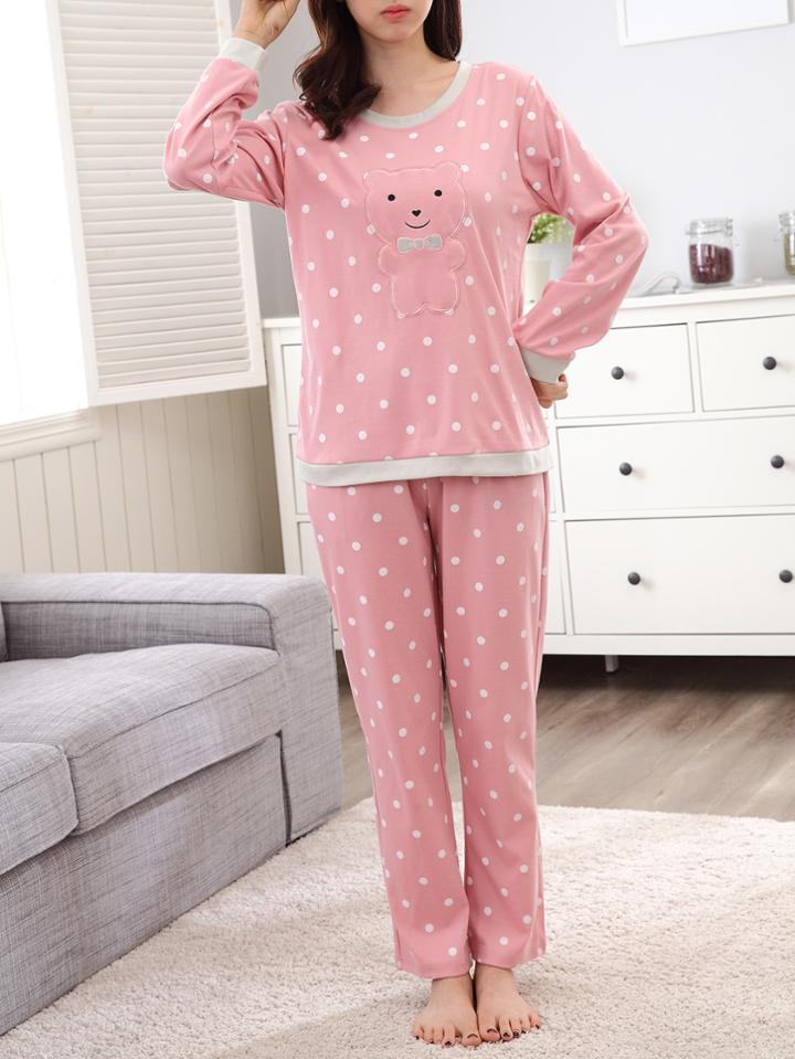 Romwe Contrast Trim Bear Embroidered Spot Pullover & Pants Pj Set