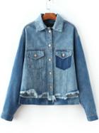 Romwe Blue Ripped Dip Hem Denim Jacket