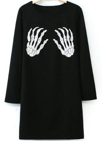 Romwe Round Neck Skeleton Hand Print Dress