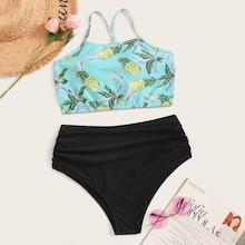 Romwe Pineapple Print Top With High Waist Bikini Set