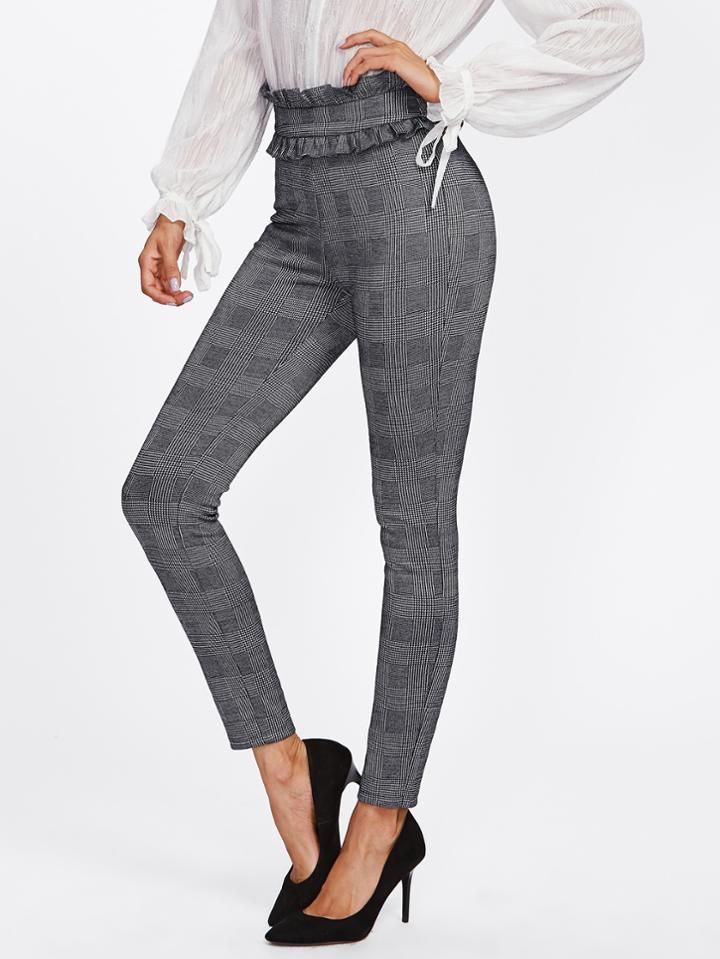 Romwe Ruffle Trim Waist Plaid Skinny Pants