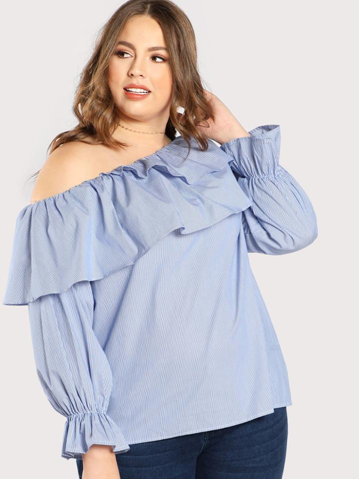 Romwe Flounce Asymmetric Shoulder Pinstripe Top