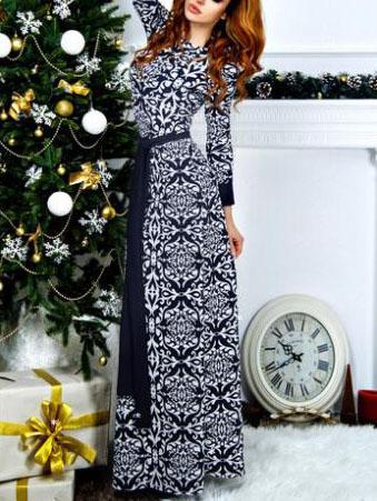 Romwe Long Sleeve Vintage Print Maxi Grey Dress