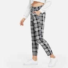 Romwe Plaid Print Pocket Detail Pants