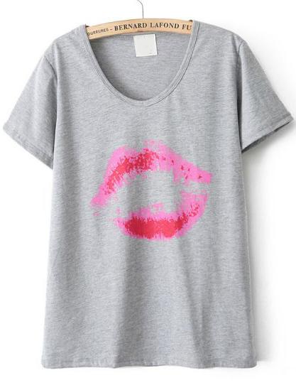 Romwe Grey Short Sleeve Red Lip Print T-shirt