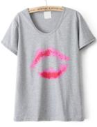 Romwe Grey Short Sleeve Red Lip Print T-shirt
